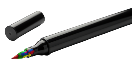 Close-up of a black marker with colorful ink visible at the tip, cap beside it