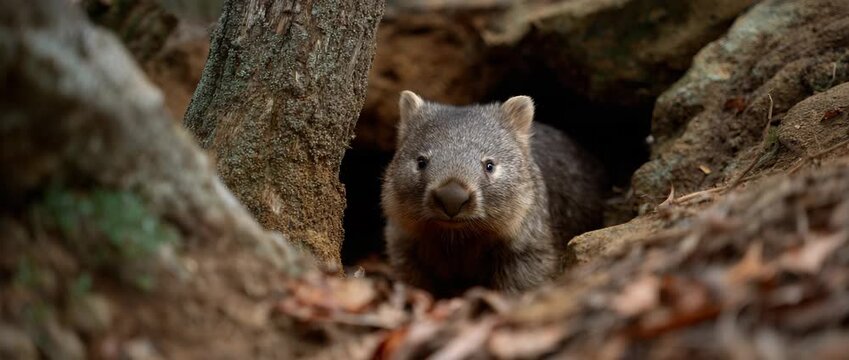 A curious wombat peeks out from its burrow in nature.