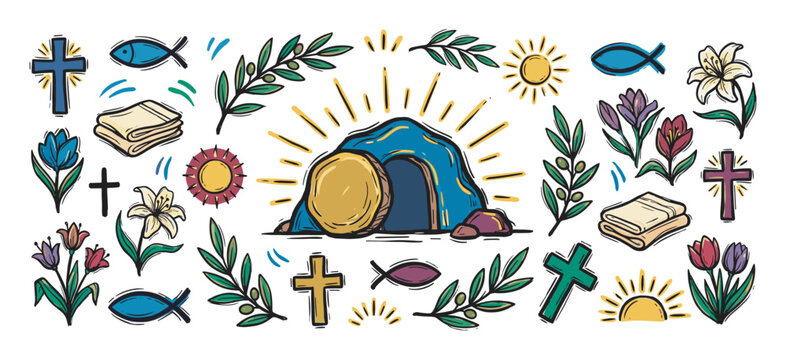 Hand-drawn Christian Easter illustration set featuring the empty tomb, crosses, olive branches, flowers, and fish symbols in a colorful doodle art style