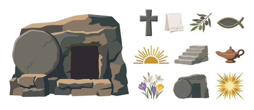 Collection of Christian religious symbols for Easter including the empty tomb, cross, olive branch, and flowers, a flat vector illustration set for spiritual celebration