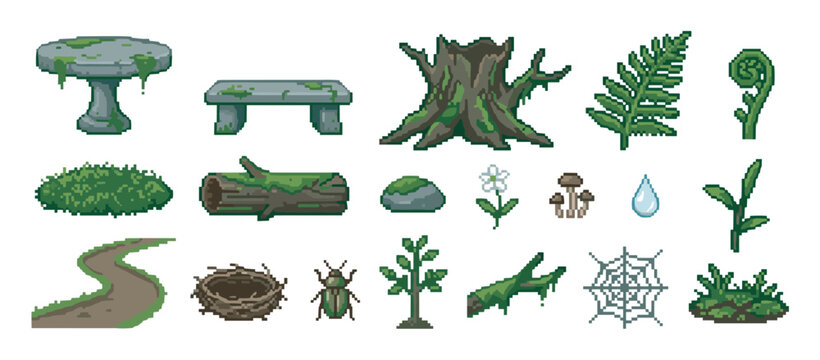 Pixel art set of forest and nature elements including a mossy stump, stone table, fern, and mushrooms for a retro video game design, featuring various woodland sprites and icons