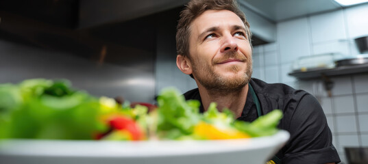 Kitchen Worker Inspects Fresh Mixed Salad with Satisfied Expression