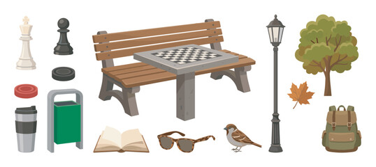 Fototapeta premium Large collection of illustrated park elements for leisure and recreation, featuring a chess table bench, lamppost, tree, sparrow, backpack, and other autumn accessories