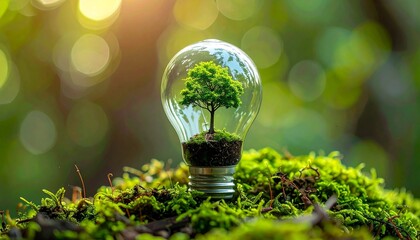 Transparent light bulb with tree growing inside, resting on moss in forest with sunlight filtering through trees