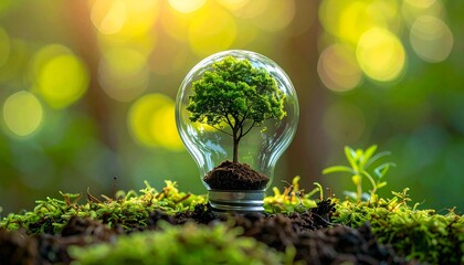 Transparent light bulb with tree growing inside, resting on moss in forest with sunlight filtering through trees
