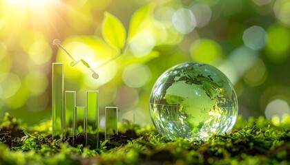 Glass globe on moss in forest with ascending bar graph and plant icons, symbolizing eco-friendly progress