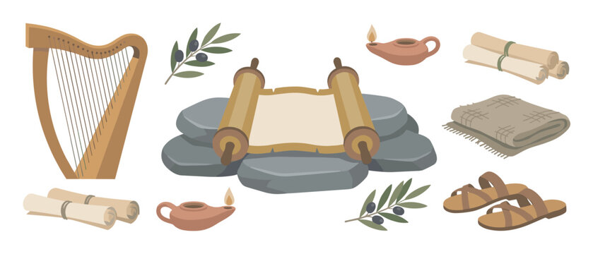 Collection of ancient biblical items including a harp, scroll on stones, oil lamp, sandals, and olive branch, shown as a set of historical and religious vector illustrations