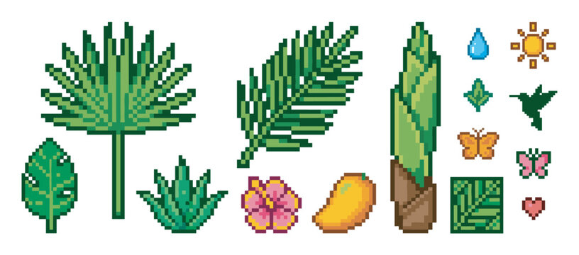 Set of tropical jungle pixel art icons featuring palm leaves, a hibiscus flower, a mango, a hummingbird, and butterflies in a retro 8-bit video game style illustration