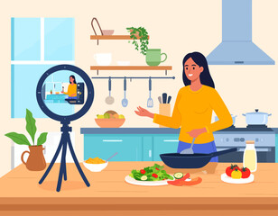 Young woman cooking in a modern kitchen, recording a culinary video blog with a smartphone and ring light for an online audience.