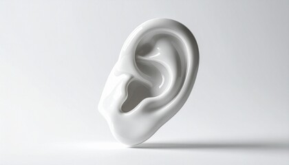 Sculpted white human ear with smooth contours on light gray background, emphasizing anatomical form and abstraction