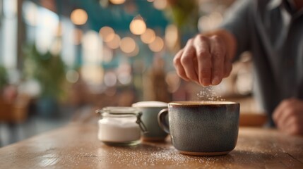 Casual Café Scene with Sugar Added to Hot Drink