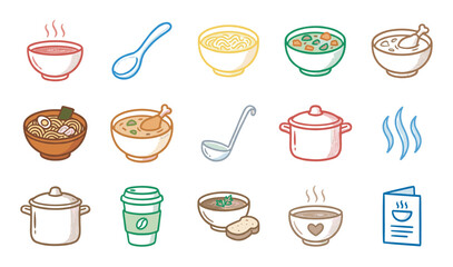 Obraz premium Collection of colorful hand-drawn soup icons including bowls, pots, spoons, and a menu, representing various warm meals and comfort food in a cute doodle illustration style