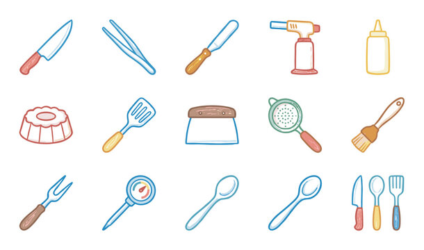 Colorful set of hand-drawn kitchen utensils and cooking tools including a knife, spatula, torch, and thermometer in a cute doodle illustration style for culinary concepts