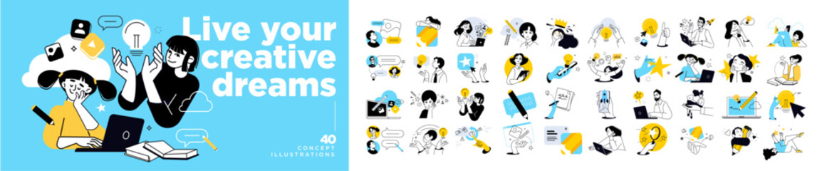 People vector illustrations in various activities of business, marketing, creative process, graphic and web design, social media, content management. 