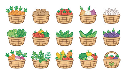 Cute cartoon collection of wicker baskets filled with fresh organic vegetables like carrots, potatoes, and tomatoes, illustrating a healthy harvest and farm market concept