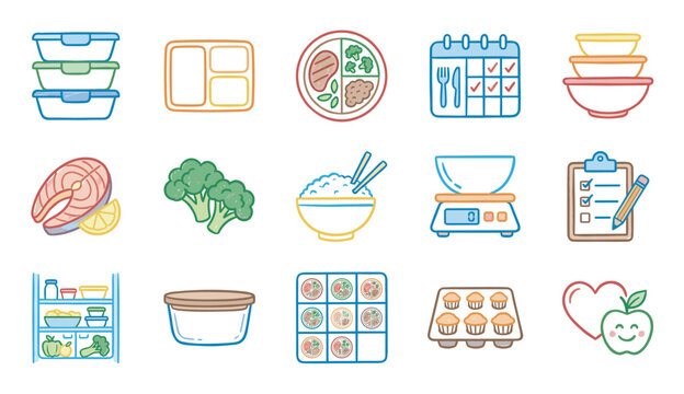 Collection of colorful meal prep icons showing food containers, healthy ingredients, and planning tools in a cute hand-drawn doodle style for nutrition and diet concepts