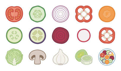 Sliced fresh vegetable ingredients in a colorful collection including tomato, cucumber, onion, bell pepper, carrot, and mushroom, depicted as a flat design icon set for healthy cooking