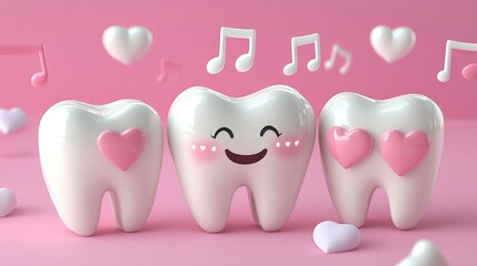 Three cartoon teeth with hearts and a smiling face on a pink background with musical notes