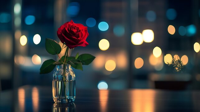 A single red rose in a small glass vase on a table with a blurred city lights background at night