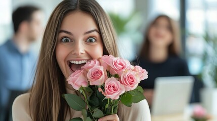 A young woman excitedly holding a bouquet of pink roses in a modern office setting with coworkers in the background