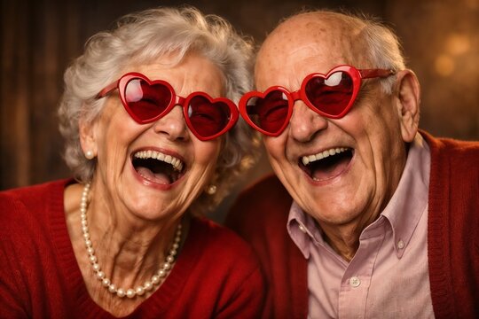 Happy Senior Couple Laughing Together Wearing Heart Shaped Glasses on Valentine&rsquo;s Day