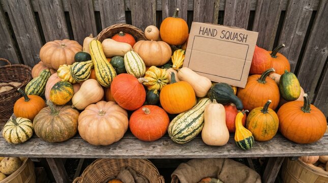 colorful variety of squash and pumpkins on a rustic wooden display for autumn harvest market - Powered by Adobe