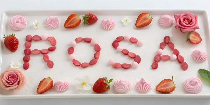&ldquo;The word &lsquo;Rosa&rsquo; written using realistic pink objects like strawberries, rose petals, cotton candy, soft pastel tones, clean background, close-up, photorealistic style&rdquo;
