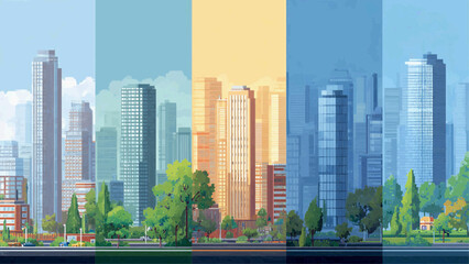 Obraz premium Cityscape illustration shows skyscrapers and trees under a blue sky with sunny daytime conditions from a distant outdoor viewpoint