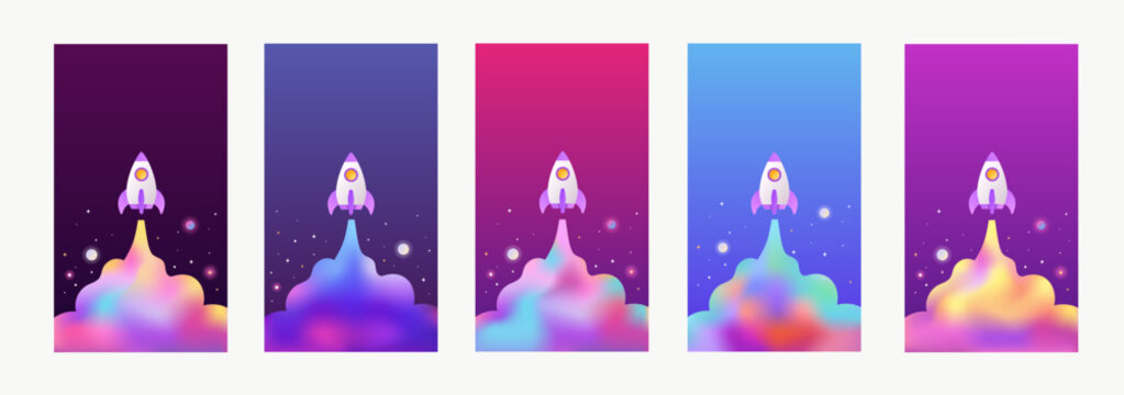 Set of vertical banners. Rocket launch. Space and stars. Templates for flyers, stories, cards. Set of frames. Vector illustration