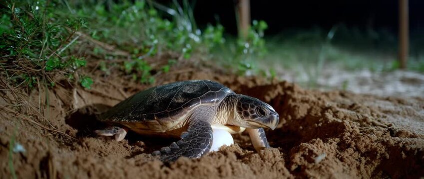A sea turtle lays its eggs on a secluded sandy beach.