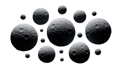 Several spherical, cratered celestial bodies float against a black backdrop