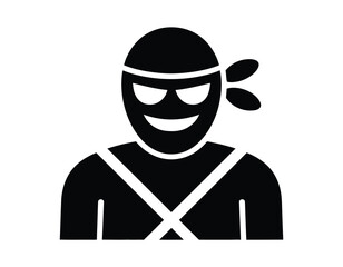 A black and white illustration of a ninja with a smiling face and a bandana on its head