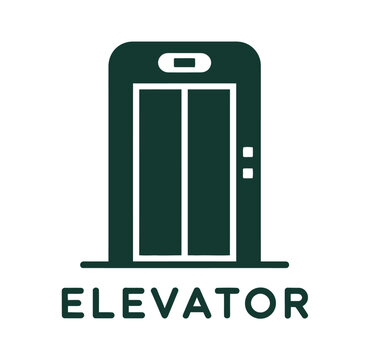 A simple green elevator icon on a white background with the word Elevator written below it.