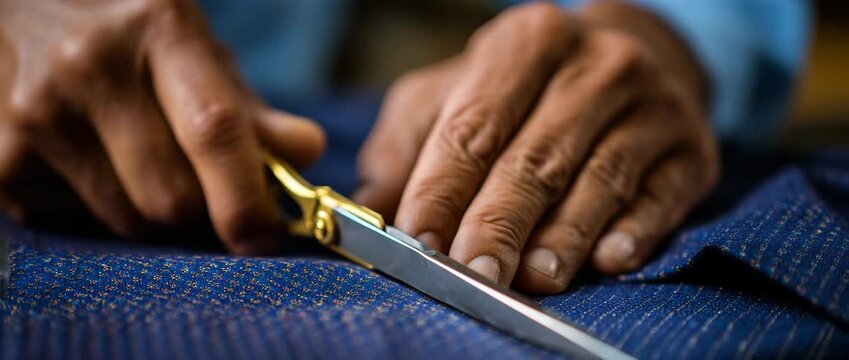 A skilled artisan cuts fabric with precision using sharp scissors.