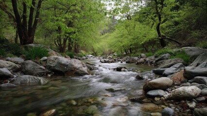 River flows through lush green forest