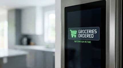 smart fridge displaying groceries ordered message in modern kitchen automation concept
