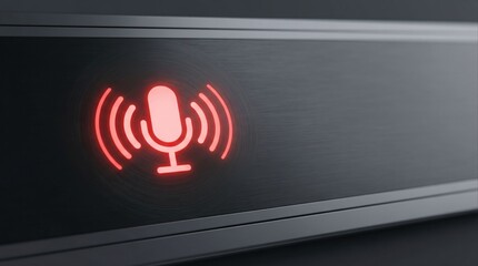 close up of glowing red microphone icon on black smart home device interface panel