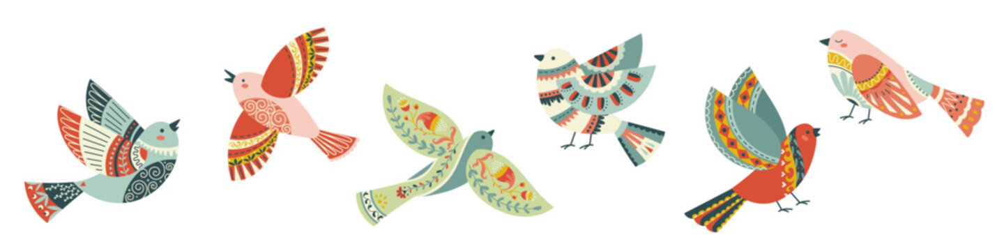 Hand-drawn spring birds set in Scandinavian folk style. Decorative vector illustrations with ornamental wings Festive Easter mood for spring decor, greeting cards, packaging and seasonal design