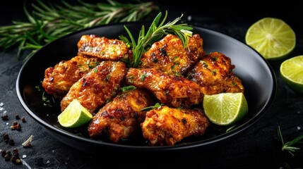 Fototapeta premium Spicy chicken wings with rosemary and lime on black plate.