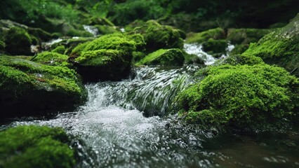 Stream Flows Over Mossy Rocks