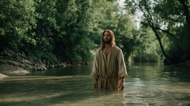 John the Baptist baptizes Jesus in the Jordan River, revealing divine calling, humility, and the beginning of Christ&rsquo;s sacred ministry.