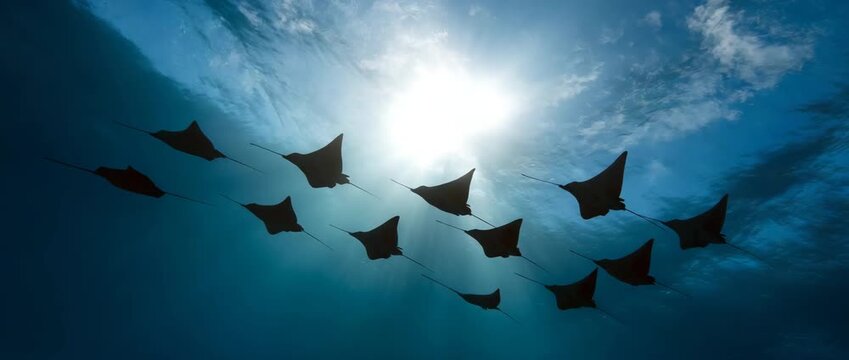 Manta rays elegantly glide beneath shimmering sunlight rays.