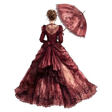 Romantic vintage watercolor fashion illustration of woman in red dress with parasol vector
