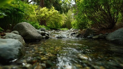 Fototapeta premium Tranquil Stream Flowing Through Lush Green Forest