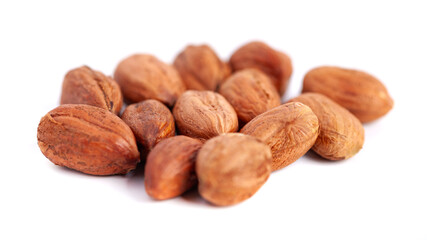 Hazelnuts kernels on a white background, healthy food. Macro