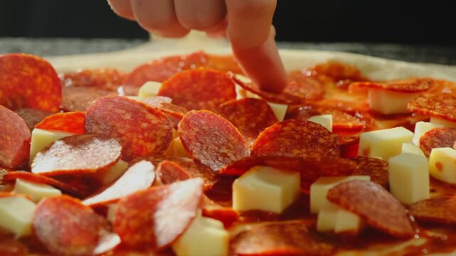Man chef prepares tasty pizza arranging salami slices evenly. Cook concentrates on arrangement creating appetizing pattern with salami
