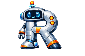 A cartoon robot shaped like the letter r with a smiling face and orange and gold accents stands on a white background