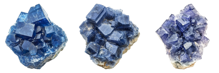 Three blue fluorite crystals show various forms and textures with intricate details. The stones are illuminated, revealing their internal structures.