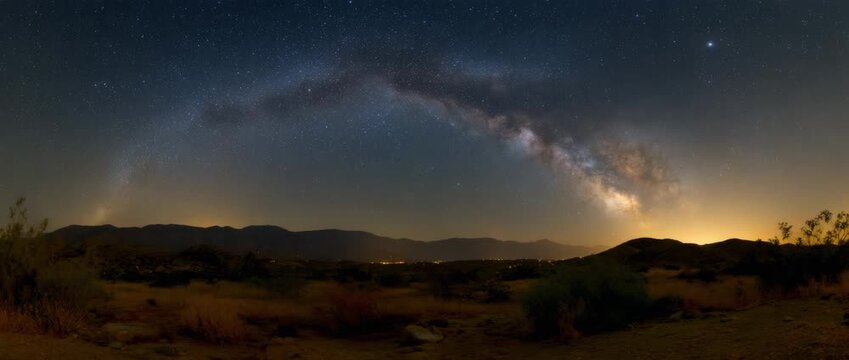 A breathtaking view of the Milky Way arching over a serene desert landscape at night.