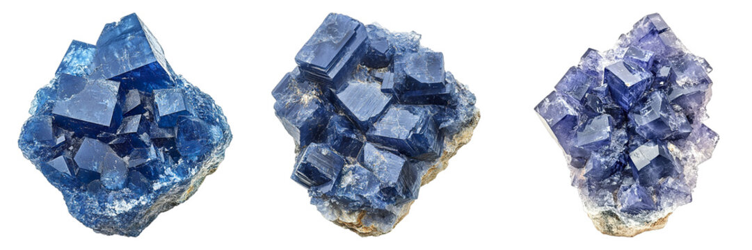 Three blue fluorite crystals show various forms and textures with intricate details. The stones are illuminated, revealing their internal structures.